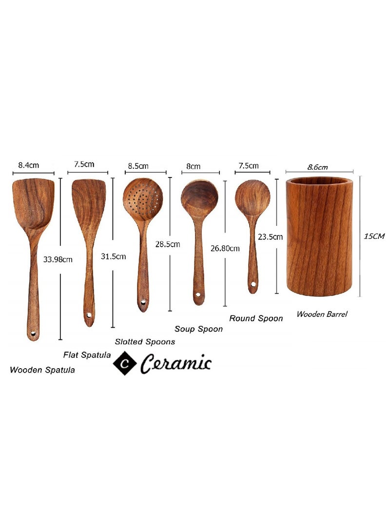 CERAMIC Wooden Kitchen Cooking Utensils 6 PCS Teak Wooden Spoons and Spatula for Cooking Sleek and Non-stick Cookware - Image 2
